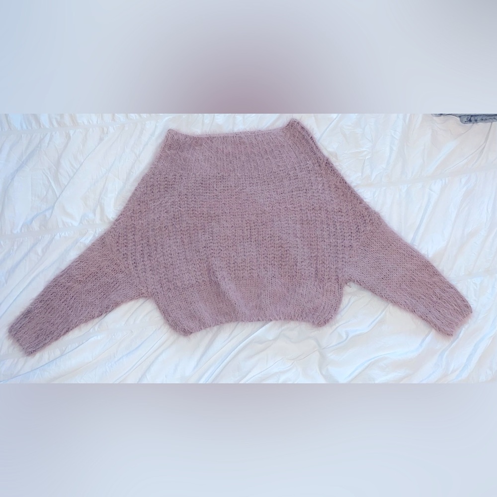 Lulus Carino Dusty Purple Off-the-Shoulder Fuzzy Cropped Sweater- Size S/M